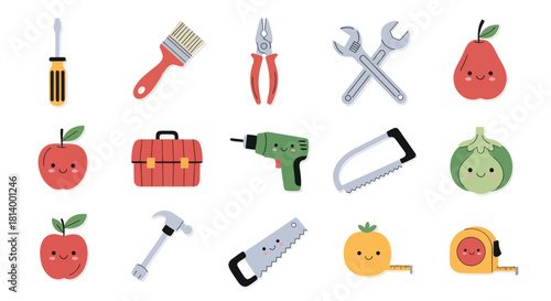 Cartoon tools and fruits collection with smiling faces on white backdrop