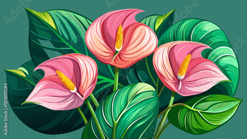 Very beautiful close-up of four delicate pink anthurium flowers with prominent yellow spadices, nestled among large deep green leaves on a soft light background, emphasizing their graceful curves and 