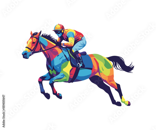 Vibrant horse and jockey mid-jump, a dynamic display of athleticism and colorful artistry, perfect for sports branding and high-energy visuals