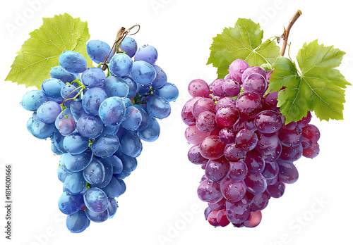 Two bunches of grapes with leaves on a  isolated on transparent background