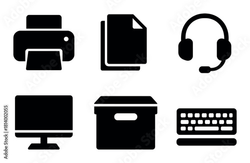 Set of office equipment icons: printer, documents, headset, monitor, box, keyboard