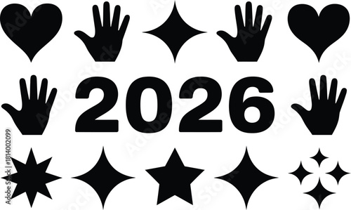 A graphic with hearts hands stars and diamonds surrounding the year two thousand and twenty six