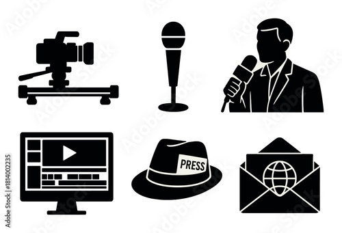 Media icons: microphone, camera, presenter, press hat, email, computer
