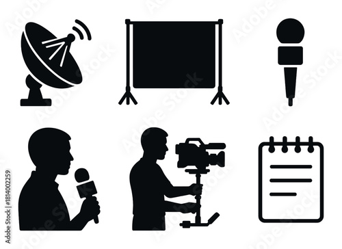Broadcasting equipment icons: satellite, microphone, camera, presenter, notepad