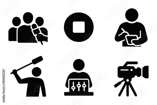 Silhouettes of media and broadcasting icons including camera and microphone