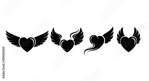 Winged Heart Silhouette Vector Showing Design Variations — Straight Wings, Curved Wings, Extended Tail, Compact Form

