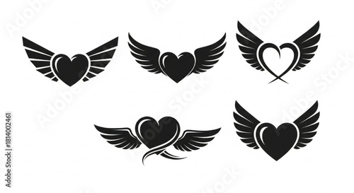 Winged Heart Silhouette Vector Showing Design Variations — Straight Wings, Curved Wings, Extended Tail, Compact Form

