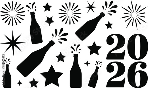 Black silhouettes of champagne bottles stars fireworks and the year twenty twenty six on white background