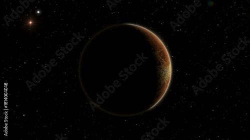 View of a planet with an orange surface and a dark side surrounded by many stars