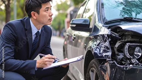 Insurance claims adjuster diligently inspecting vehicle damage after a car accident, holding a clipboard to assess the report