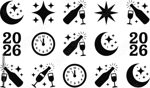 New Year 2026 celebration icon set with champagne, clocks, stars, and festive symbols in black line style