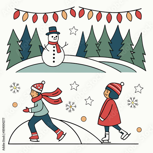 Winter scene featuring a snowman, christmas lights, trees, and two people ice skating on a rink outdoors