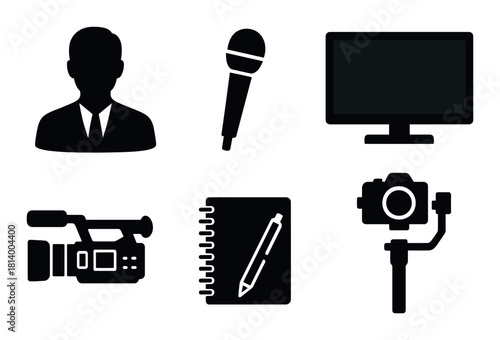 Media icons: journalist silhouette, microphone, camera, monitor, notebook, stabilizer