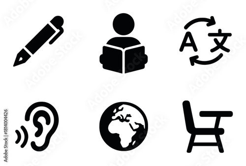 Educational icon set representing learning, reading, translation, listening, global, and classroom themes