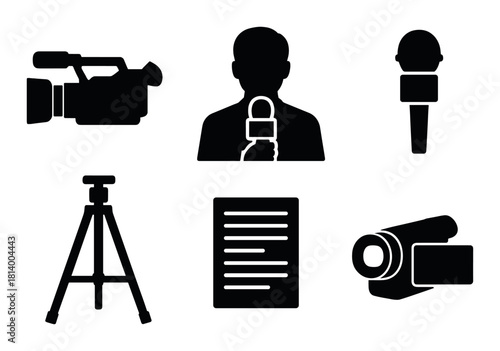 Silhouette icons of camera equipment and journalist figures on dark background