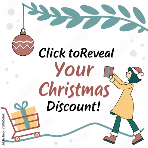 Christmas themed discount advertisement with a cartoon girl holding a gift and shopping cart present 99 char