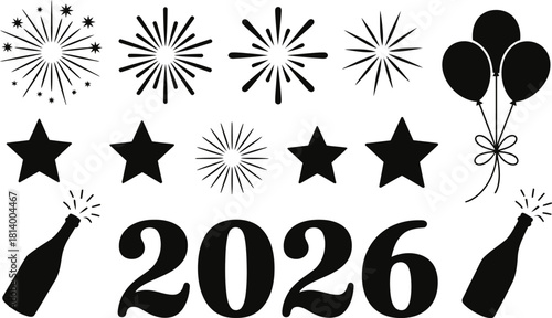 2026 celebration vector with fireworks, balloons, champagne, and festive icons in black silhouette party design