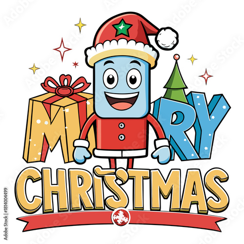 Cartoon character in santa hat with christmas gift and tree wishing merry christmas to everyone