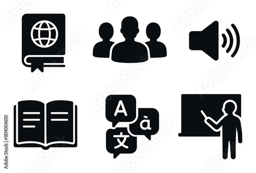 Education icons set: book, globe, people, sound, translation, classroom