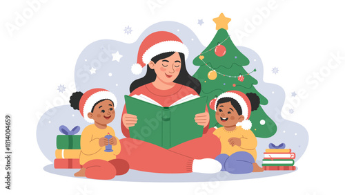 Christmas Storytime: A mother with her children sharing moments by reading a story at Christmas day. 