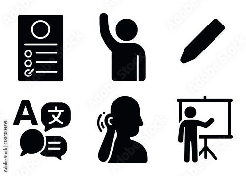Educational icons for language, writing, and presentation concepts