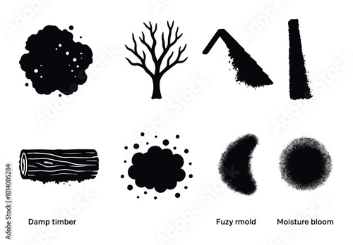 Black mold silhouette signs for damp timber detection and moisture bloom identification