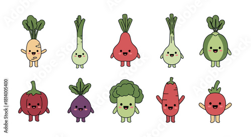 Cartoon vegetables collection with smiling faces isolated on white