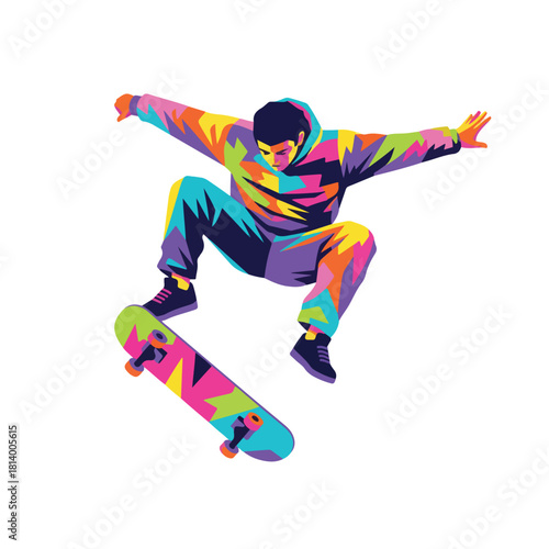 Dynamic skateboarder soaring high with vibrant style, a bold and energetic expression of youth culture and urban freedom, perfect for action sports visuals