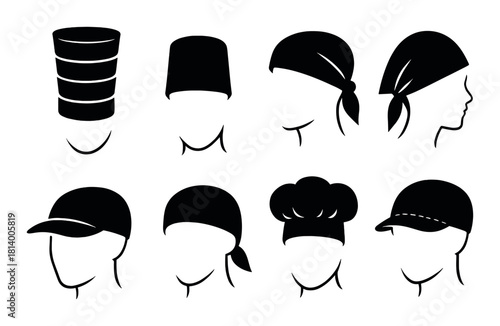 Silhouettes of diverse hats on black background