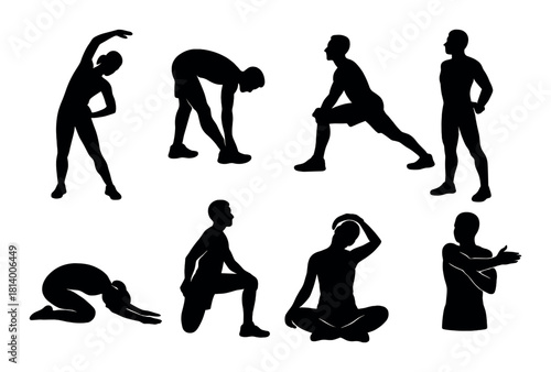 Silhouettes of people performing various stretching exercises