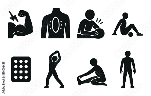Fitness icons illustrating exercise and stretching for health and wellness