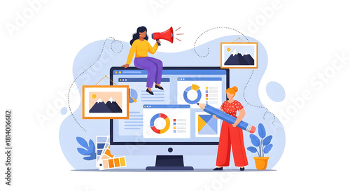 Wallpaper Mural Web designers marketing campaign presentation woman with megaphone and digital design tool Torontodigital.ca