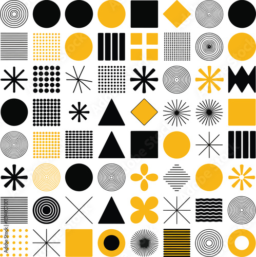 Abstract geometric pattern with circles squares triangles and star shapes in black and yellow colors