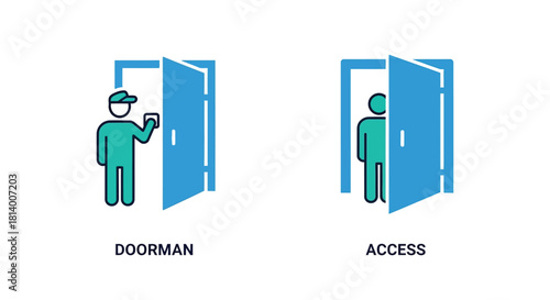 Vector illustration of doorman rings the bell and access to the building isolated on