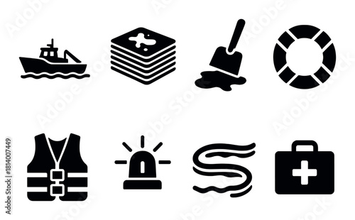 Water safety icons: boat, first aid, lifebuoy, alarm, waves, life vest, oil spill, stacks