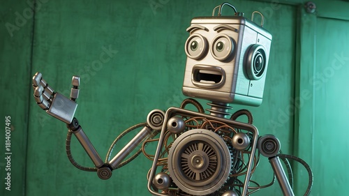 Expressive cartoon robot with wide eyes and open mouth gesturing