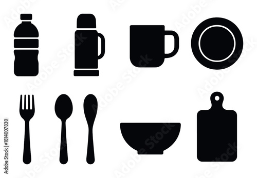 Silhouettes of kitchenware and drinkware on dark background