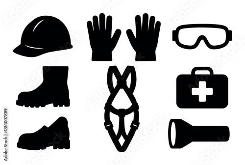 Essential scuba diving gear icons: wetsuit, goggles, flippers, oxygen tank, first aid kit, flashlight