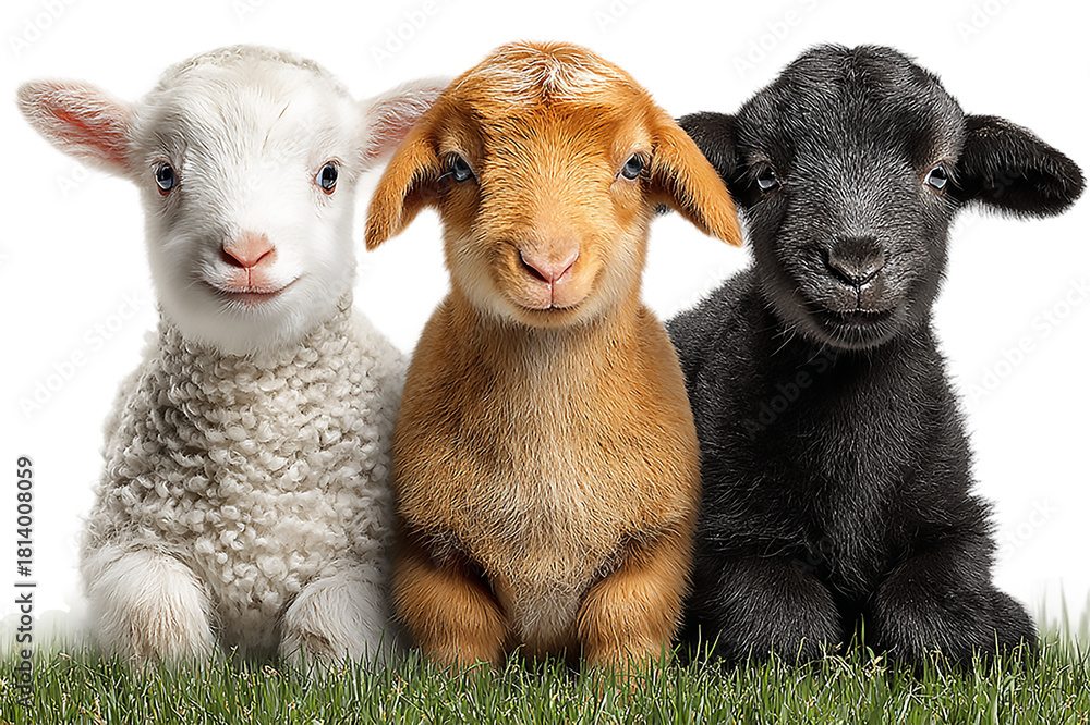Fototapeta premium Three lambs of different colors sitting together on the green grass isolated on transparent background