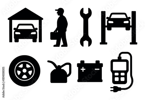 Automotive repair icons: garage, mechanic, tools, and equipment symbols