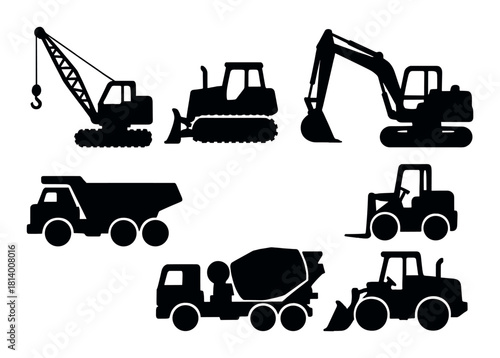 Silhouettes of heavy construction equipment on metallic background
