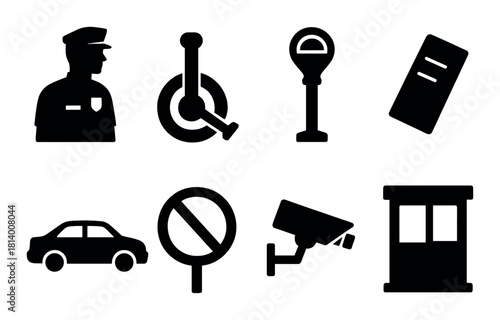 Silhouette icons: police officer, wheelchair access, parking meter, ticket, car, no entry, cctv, security booth