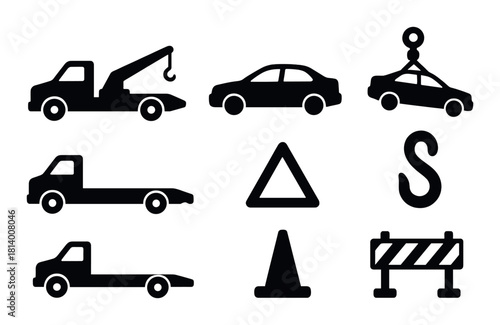 Tow truck and vehicle icons on dark background
