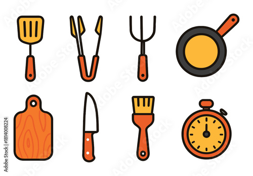 Stylized kitchen utensils set on brown background