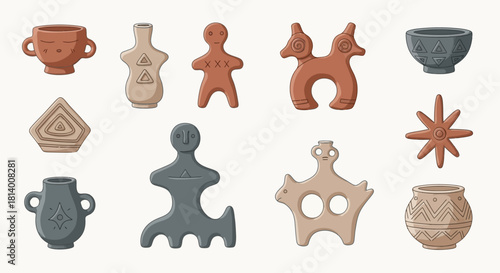 Collection of various ancient pottery artifacts