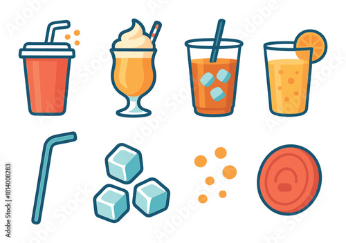 Colorful beverage icons with straw, ice cubes, and citrus