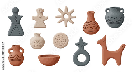 Ancient pottery  artifact assortment vessels figurines sun disc bowl  animal sculpture