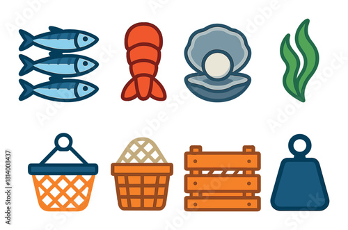 Seafood and fishing icons: fish, lobster, oyster, seaweed, basket, crate, weight