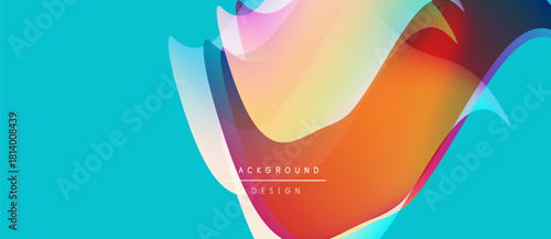 Abstract fluid shapes overlap, creating vibrant color gradients. Turquoise background enhances dynamic visual effect. Modern design element.