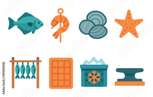Glowing seafood icons: fish, shrimp, clams, starfish, preservation tools